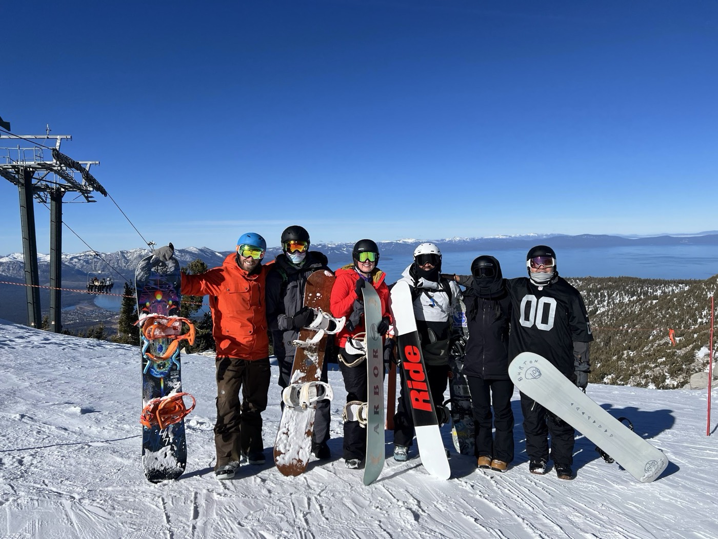 Rob Roderick (Robert Roderick) and friends with snowboards above Lake Tahoe