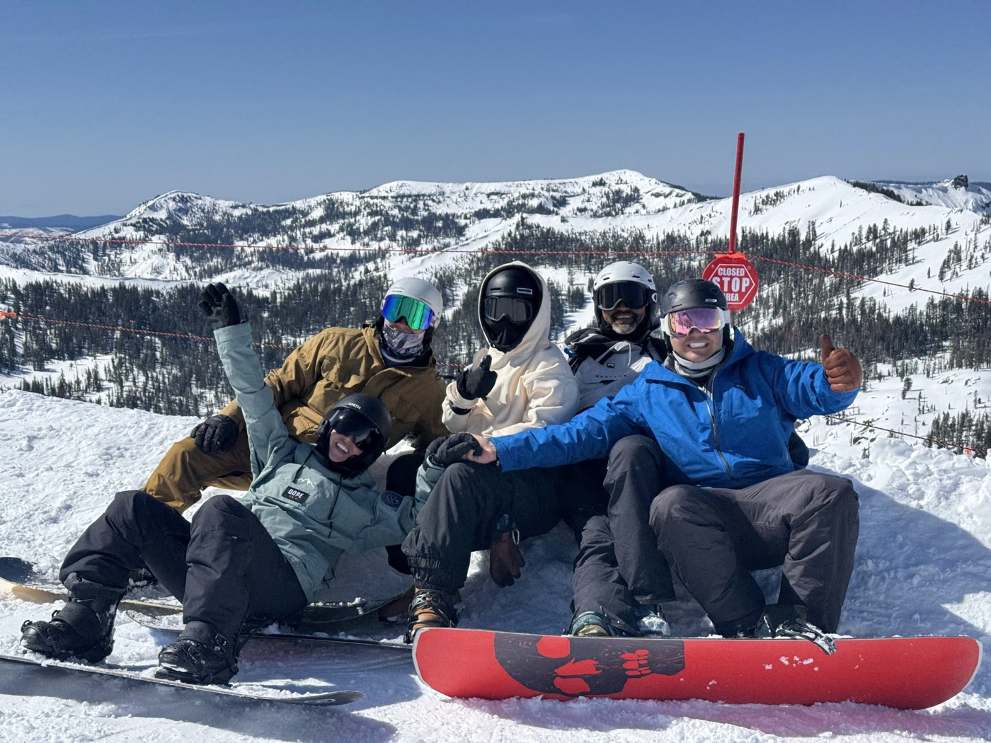 Rob Roderick (Robert Roderick) with friends snowboarding at Lake Tahoe