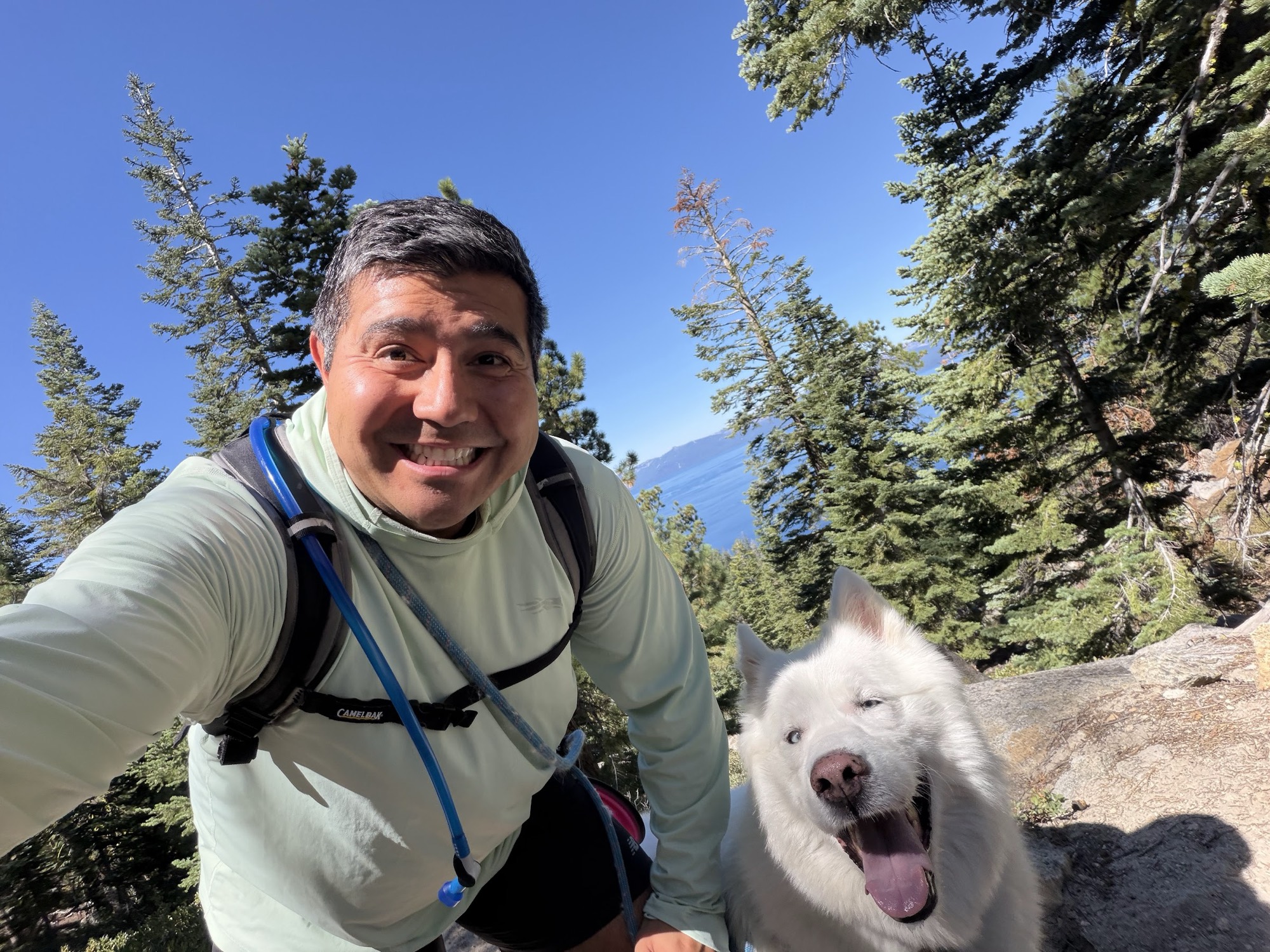 Rob Roderick (Robert Roderick) hiking above Lake Tahoe with his Siberian husky Lobo
